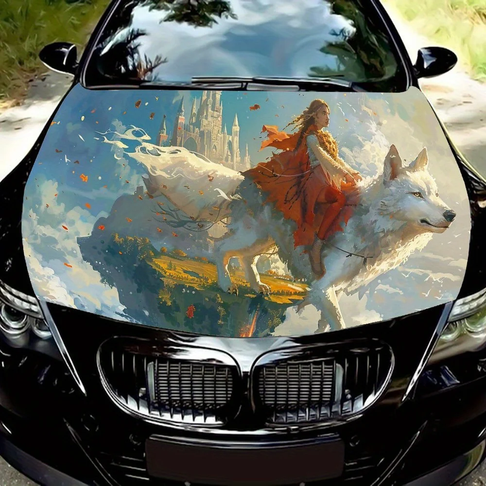 

Виниловая наклейка на капот автомобиля Princess Rides A White Wolf in The Sky, наклейка на двигатель автомобиля, водостойкая самоклеящаяся упаковка для автомобиля Co