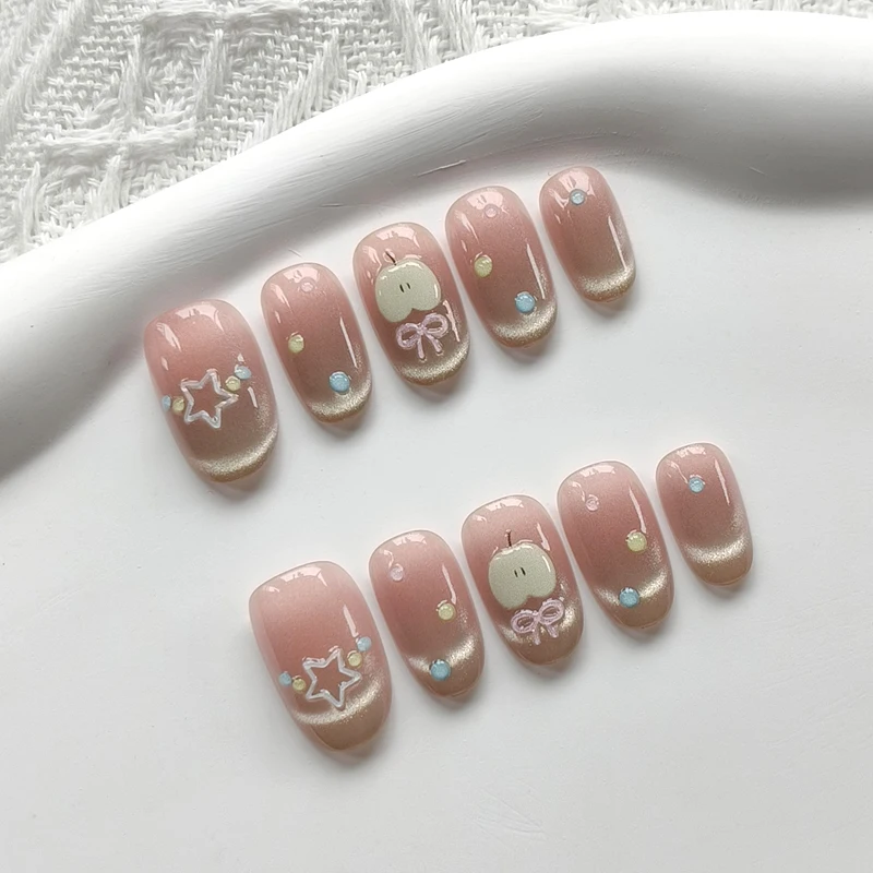 

10 шт. Накладные ногти «Яблочные звезды» в новом стиле для энергичных девушек, с эффектом кошачьего глаза, французские, миндалевидные, для создания образа темпераментной девушки, накладные ногти в форме сердца