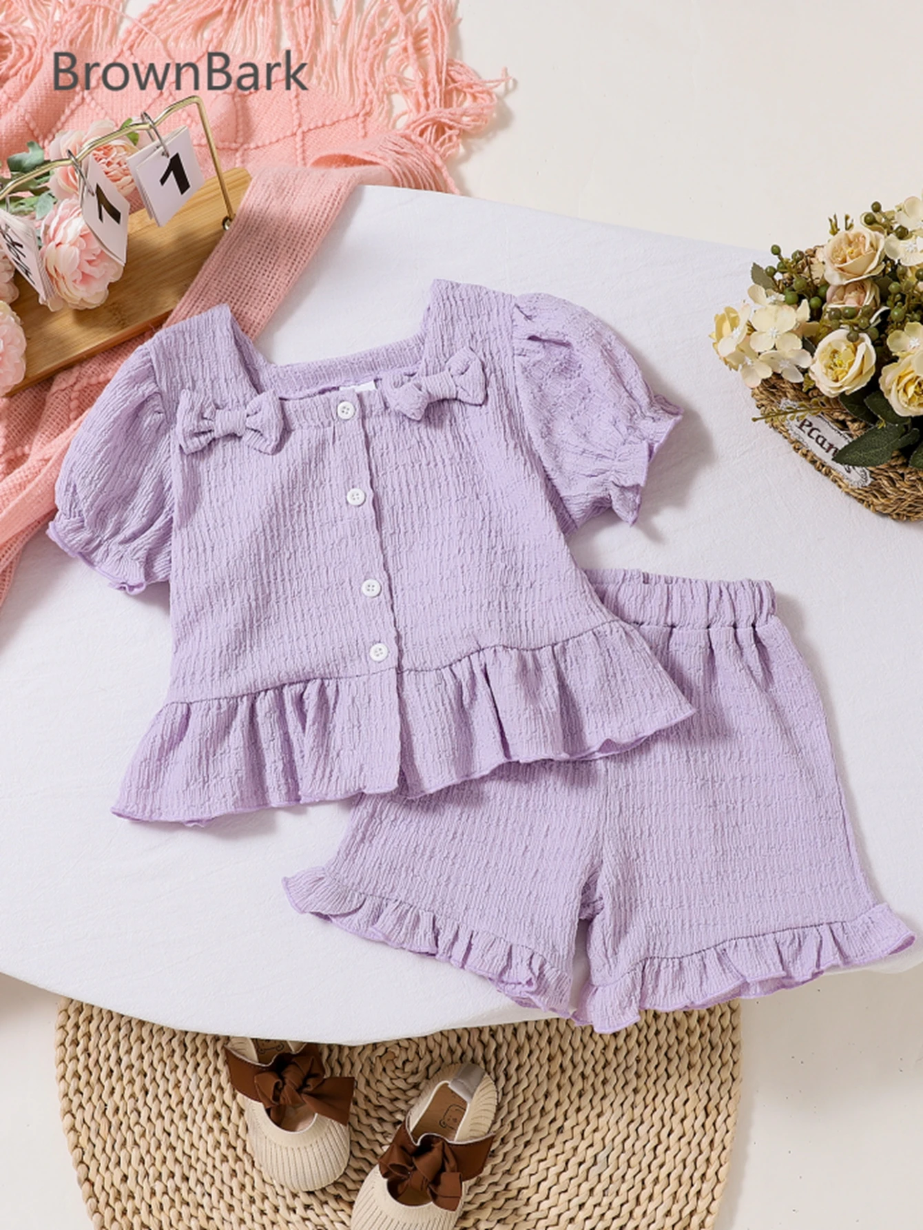 Girls' Summer 2-Piece Set: Textured Fabric Taro Purple Bow Puff Sleeve Top + Ruffled Shorts Set. Sweet and Casual Everyday Holiday Outfit for Girls, Comfortable and Refreshing Summer Set for Girls