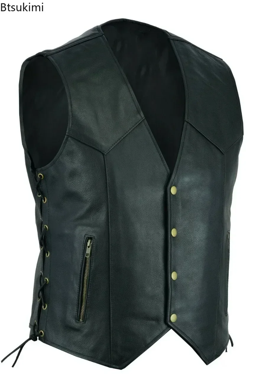 2025 Men\'s Fashion Casual Single Breasted Solid Leather Vest Cool and Handsome Motorcycle Vest Jacket Male Punk Style Waistcoat