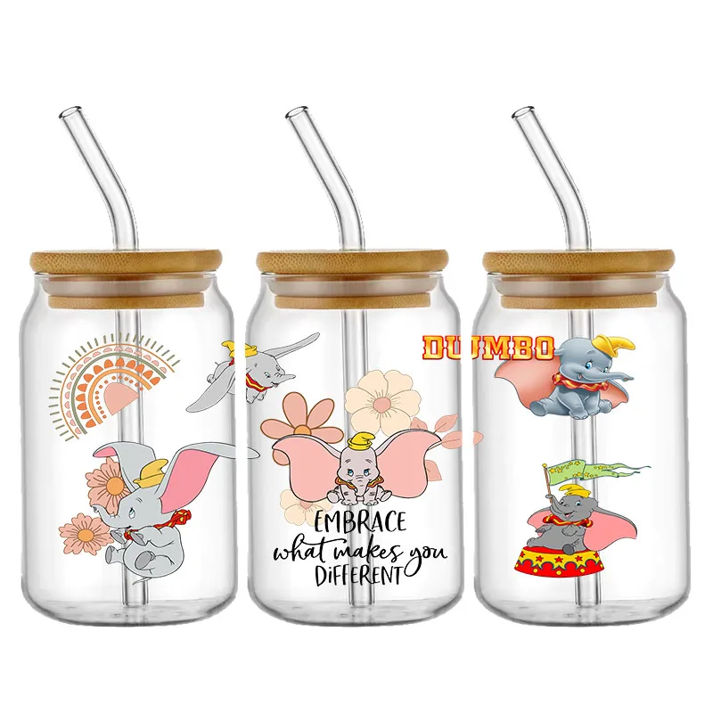 Disney Dumbo 3D Waterproof UV DTF Cup Wrap for 16Oz 10OZ Libbey Glass Can DIY Transfer Sticker