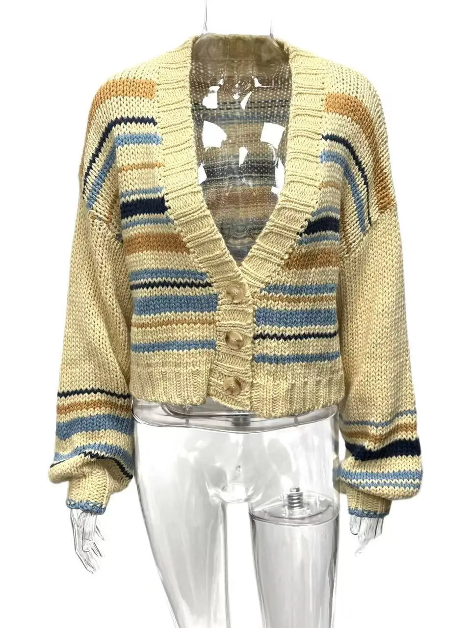 

Meng QI2026 Spring Cross Color Stripe Knitted ort Cardigan Button Sweater Jaet Women's Vintage Sle Loose Fit Polyester ...