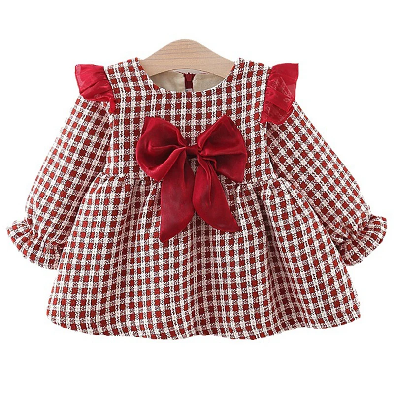 Fall Winter Baby Girl Princess Dress Korean Plaid Cute Bow Warm Thick Long Sleeve Luxury Birthday Dresses Newborm Clothes BC1675