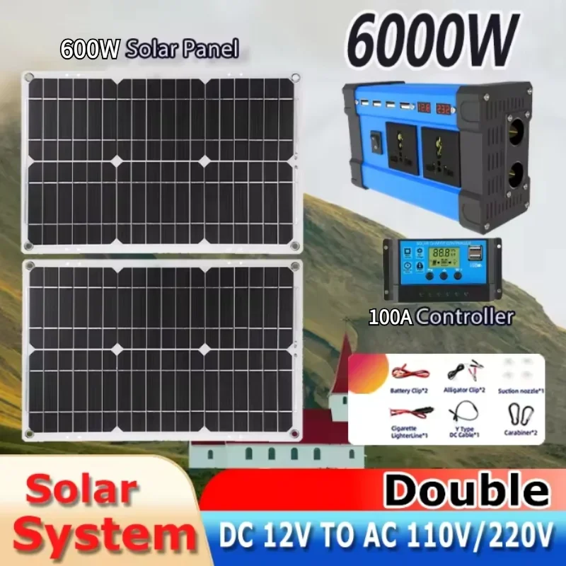 6000 W Solarstrom-Komplettset, 12 V bis 220 V Wechselrichter, 100 A-Controller, 600 W Panel-System für Zuhause/Wohnmobil/Camping, Vollhaus-Generator