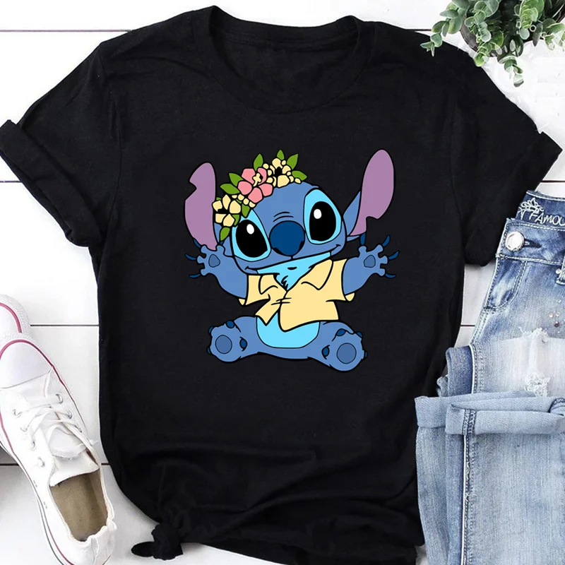 

2025 женские футболки Disney Kawaii Lilo Stitch с принтом, женская футболка с короткими рукавами, женская уличная одежда, топы, футболки