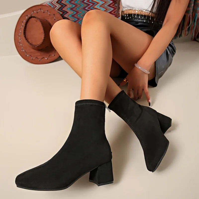 Women's Ankle Boots Square Toe Block Heel Suede-Look Finish Back Zipper Short Booties for Daily Wear Outdoor Walking Work Style