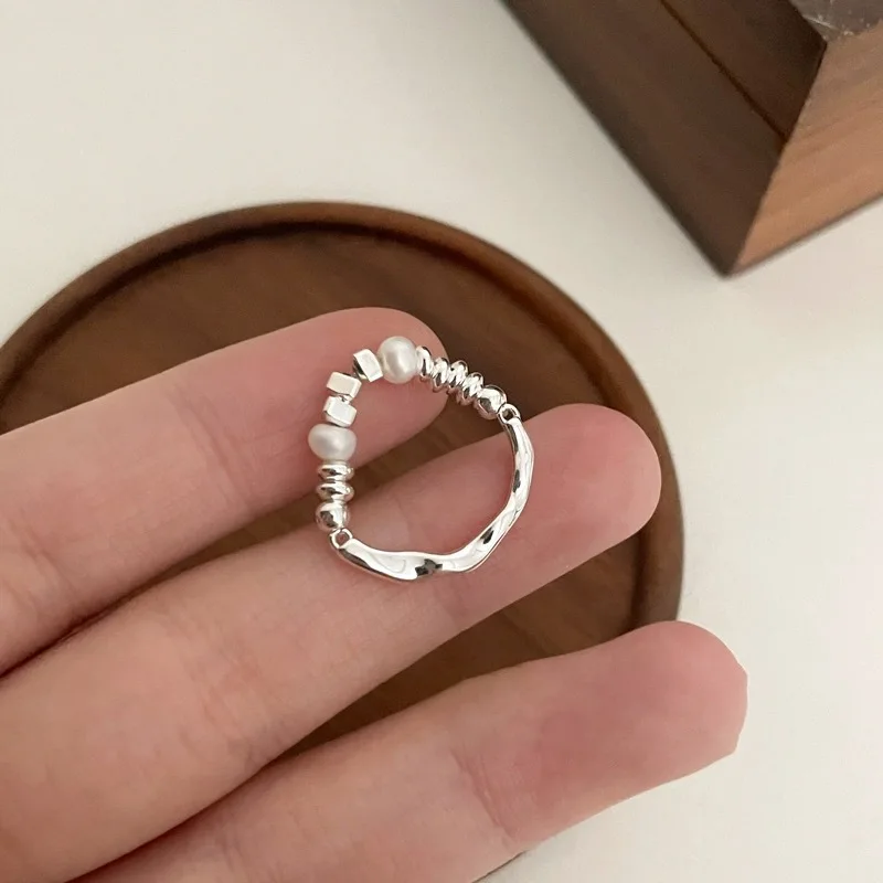 Pearl Ring with Irregular Silver Accents Unique Elegant Design Womens Index Finger Statement Jewelry for Daily Office Party