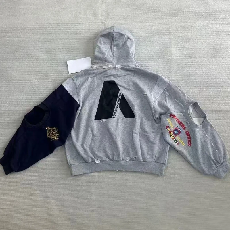 2025ss التالفة حفرة المرقعة مشروع G/R بلوزات شارع العليا التطريز فضفاض الرجال النساء زمم سترة معطف #2