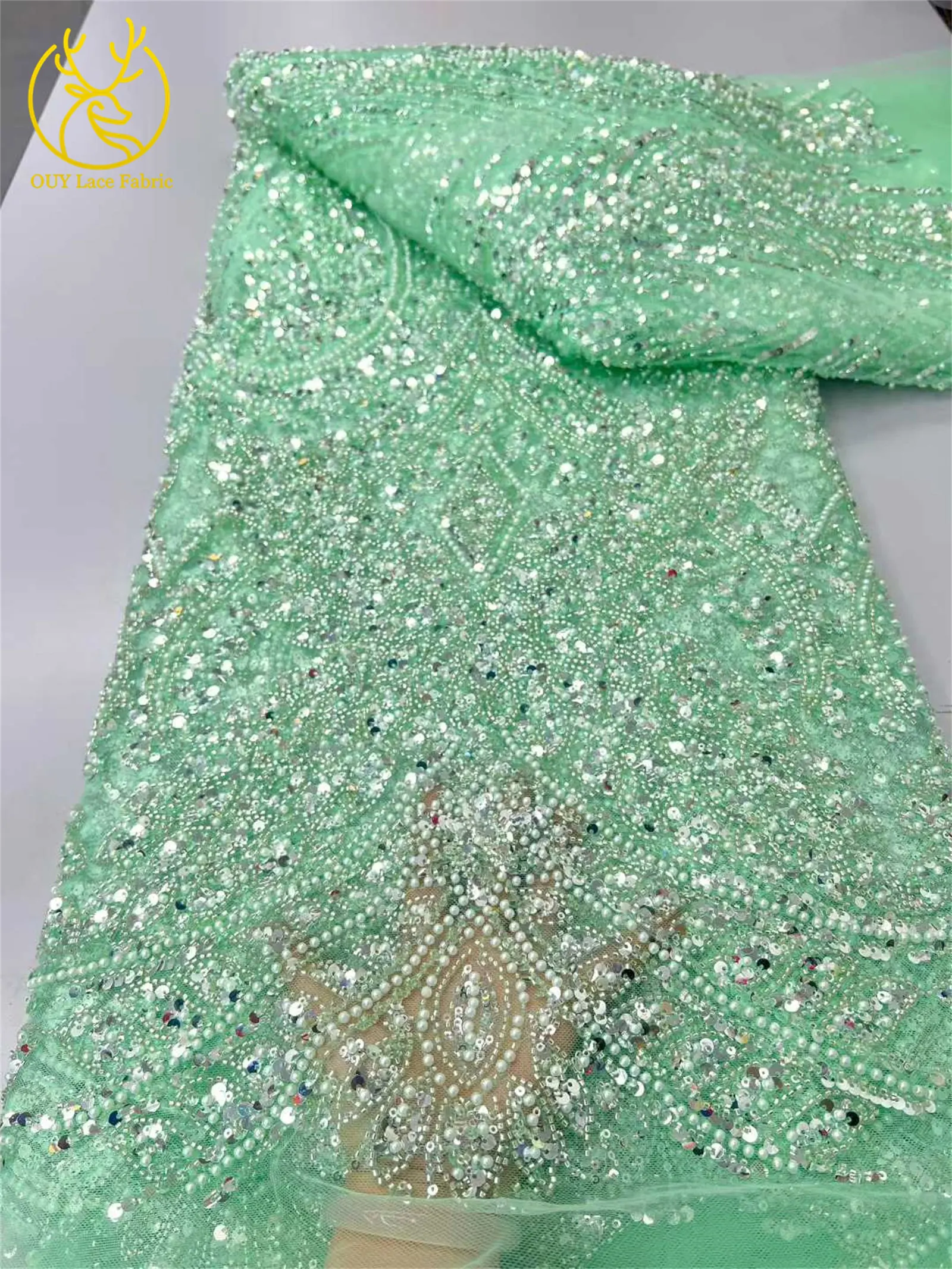 2026 Afrikanischer Spitzenstoff, hochwertiger Kaffeebrauner französischer Spitzenstoff mit Perlen und Pailletten, nigerianischer Braut-Mesh-Spitzenstoff, 5 Yards – Detail 9