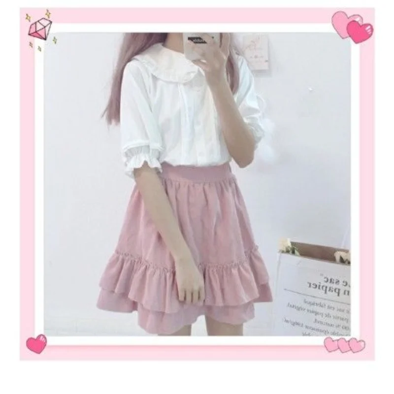 Houzhou camisa branca kawaii peter pan colarinho blusas estilo preppy mulher doce plissado de manga curta tops 2022 de verão moda