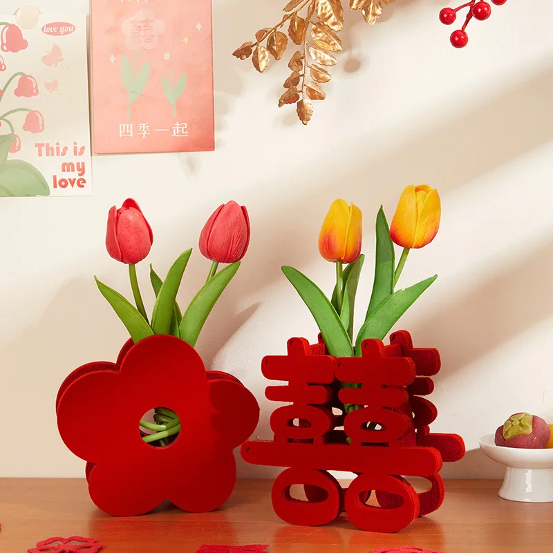 زينة الزفاف الصينية ورأى النسيج الأحمر Xi/زهرة شكل زهرية الحلي الرجعية السنة الجديدة لوازم الحفلات غرفة المنزل تخطيط الحرف