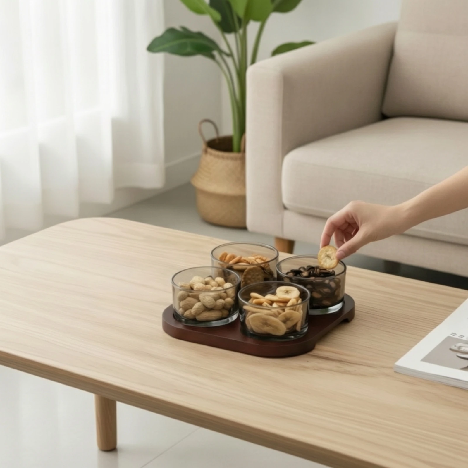 Snack Tray with Glass Cups Separated Wooden Snack Organizer with Bowls Serving Platter Organized Appetizer Dish Elegant