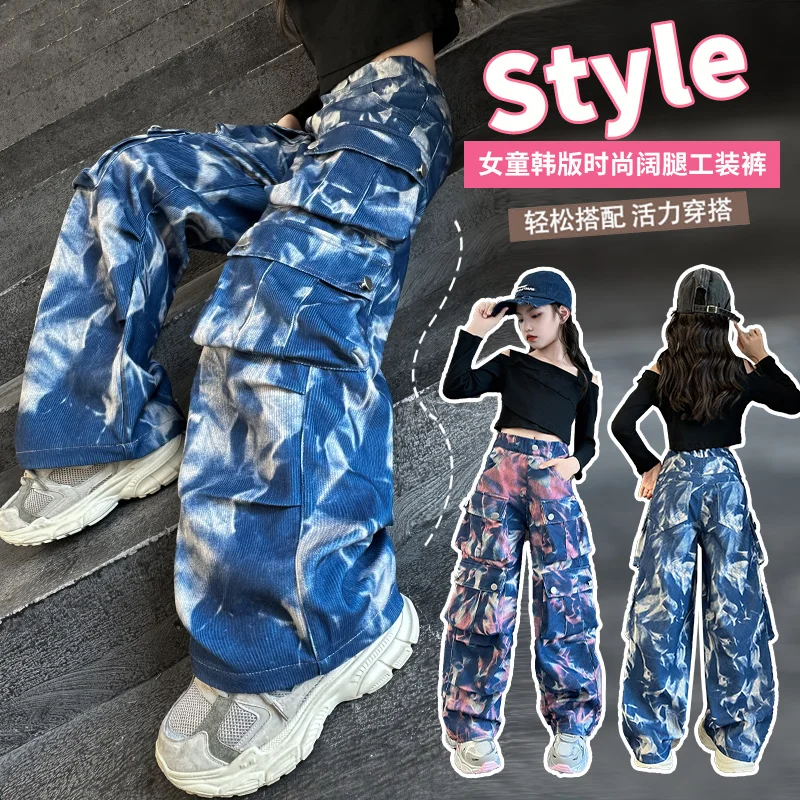 

Fashion Kids Vintage Tie-Dye Print Wide Leg Jogger Pants 2026 Streetwear Cargo Active Hip Hop Straight Sweatpants Trousers 4-14Y