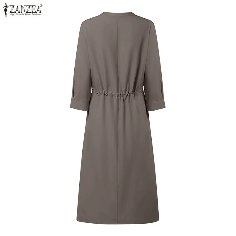 Women's Elegant Minimalist Midi Dress V-Neck 3/4 Sleeve Drawstring Waist A-Line Slit Hem Dresses ZANZEA Summer Solid Robes Femme