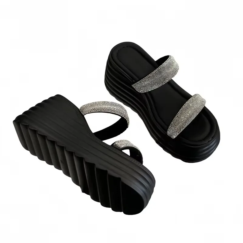 

9cm Heeled Sandals Ladies Crystals Platform High Heels Slippers Woman Summer Wedges Shoes Beige Sandalese Femme Confortable