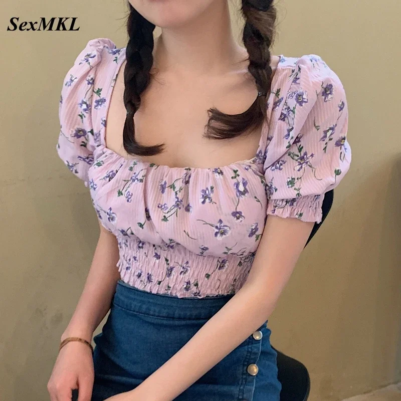 Summer Purple Crop Tops Women 2024 Fashion Floral Print Puff Sleeve Sexy Corset Blouse French Slim Bustier Black Blusas Mujer