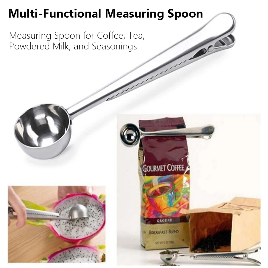 Multi-Purpose Stainless Steel Coffee Scoop with Clip and Measuring Spoon for Coffee, Tea, Powdered Milk, and Seasonings