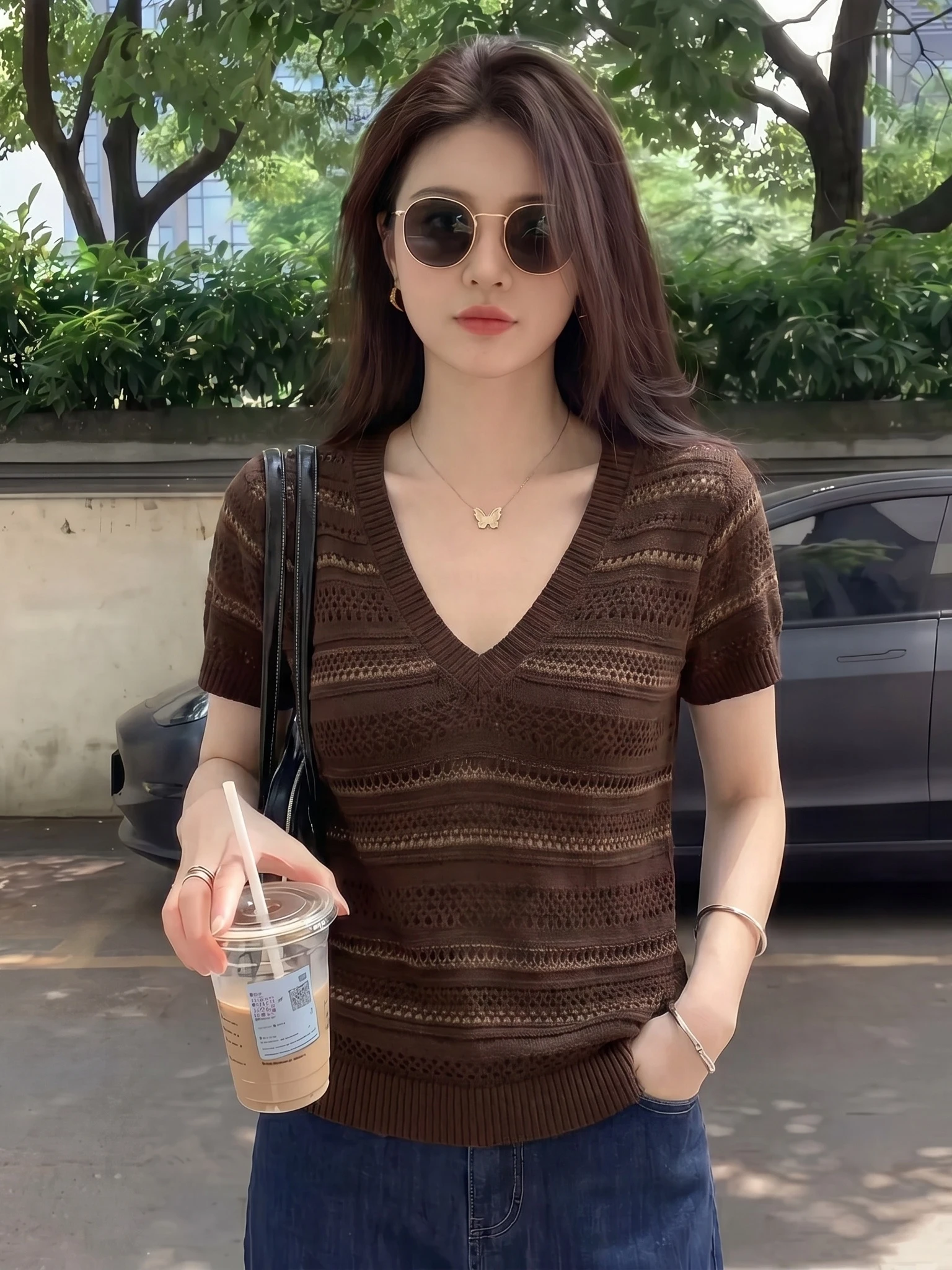 

Khaki Hollow Knitted V-neck Short Sleeve T-shirt Women's Summer New Style plus Size Beautiful Shirt Loose Fit Commute Wind