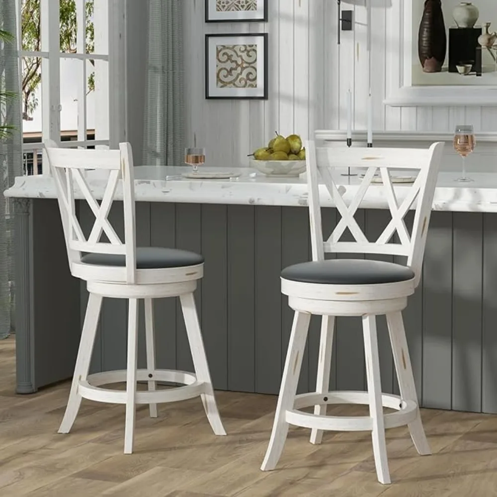 

24" Counter Height Swivel Bar Stools-High Back Swivel Counter Stools with Upholstered Seat & Solid Wood Footrest Antique White-2