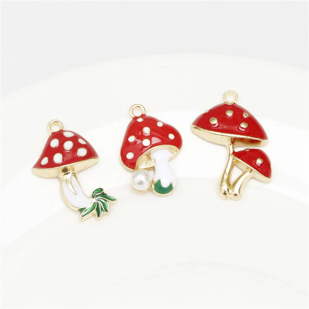 

10pcs Alloy Dripping Oil Mushroom Charm with Red Enamel Faux Pearl Pendant DIY Handmade Accessories Keychain Hanging Chain