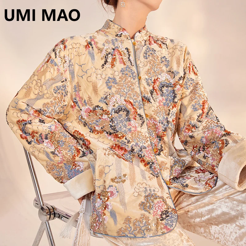 New Chinese Style Women's Top 2025 Autumn Winter Heavy Sequin Embroidery Design Cotton Jacket M8117