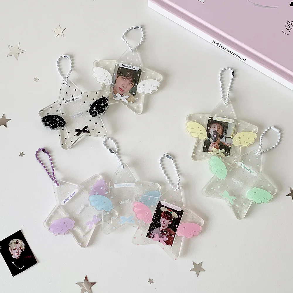 Transparent Acrylic Glitter Star 1-Inch Photo Frame Pendant Cute Angel Wings Keychain 1-Inch Photo Frame Pendant Key Chain Gifts