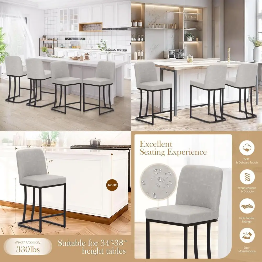 

Sophia & William Set of 4 Light Grey Counter Height Bar Stools, 24" Kitchen Island Chairs with Back, Modern Faux Leather Design