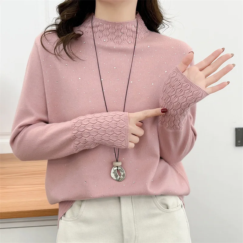 

XXXXL Fashion Plus Size Woman Clothing Sweater Spring 2026 Long Sleeved Hot Drilling Jacquard Knitted Stand Collar Pullover 2656