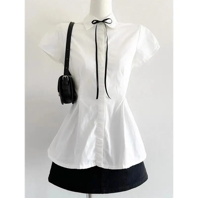 Deeptown Elegant Sweet White Blouse Women Bow Preppy Style Kawaii Lolita Shirts Vintage Japanese Short Sleeve Shirts Aesthetics