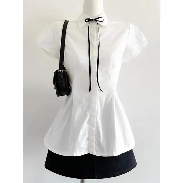 Deeptown elegante doce blusa branca feminina arco estilo preppy kawaii lolita camisas vintage japonês camisas de manga curta estética