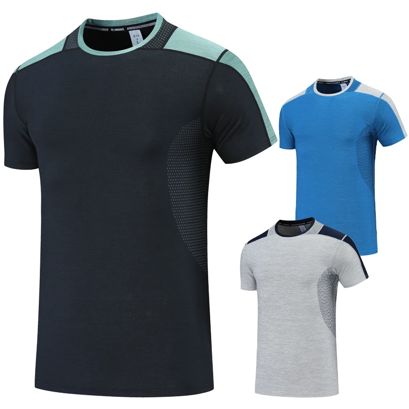 Exercise Men Top Gym Patchwork Workout Running Short Sleeves Summer Bodybuilding Training Tee Breathable Outdoor Jogging Shirts