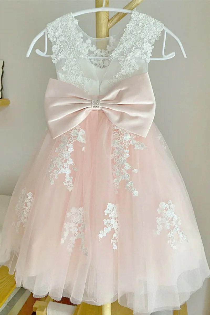 Vestido elegante de tul para niña, traje con lazo de cuello redondo y apliques, color blanco y rosa, para fiesta de boda y cumpleaños