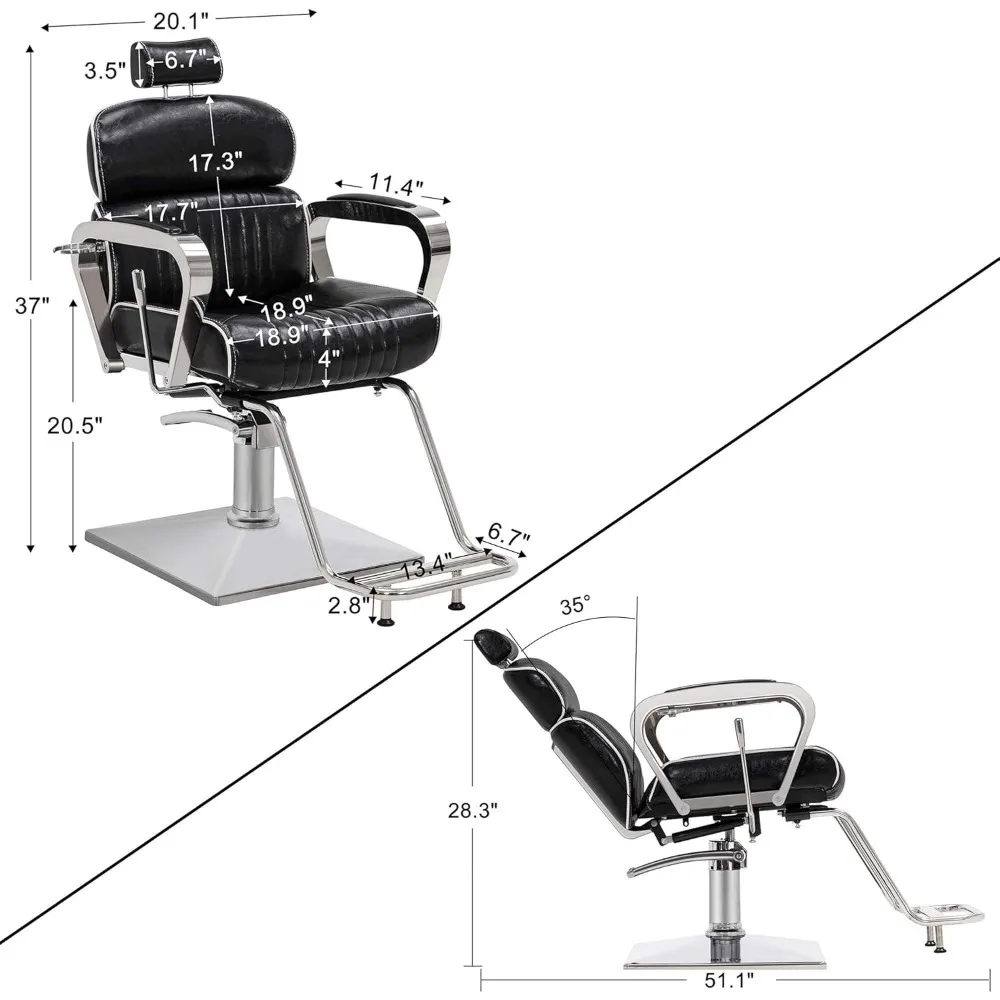 Vintage Barber Chair Metal Hydraulic Recline Beauty Spa Salon Styling Equipment (Black)