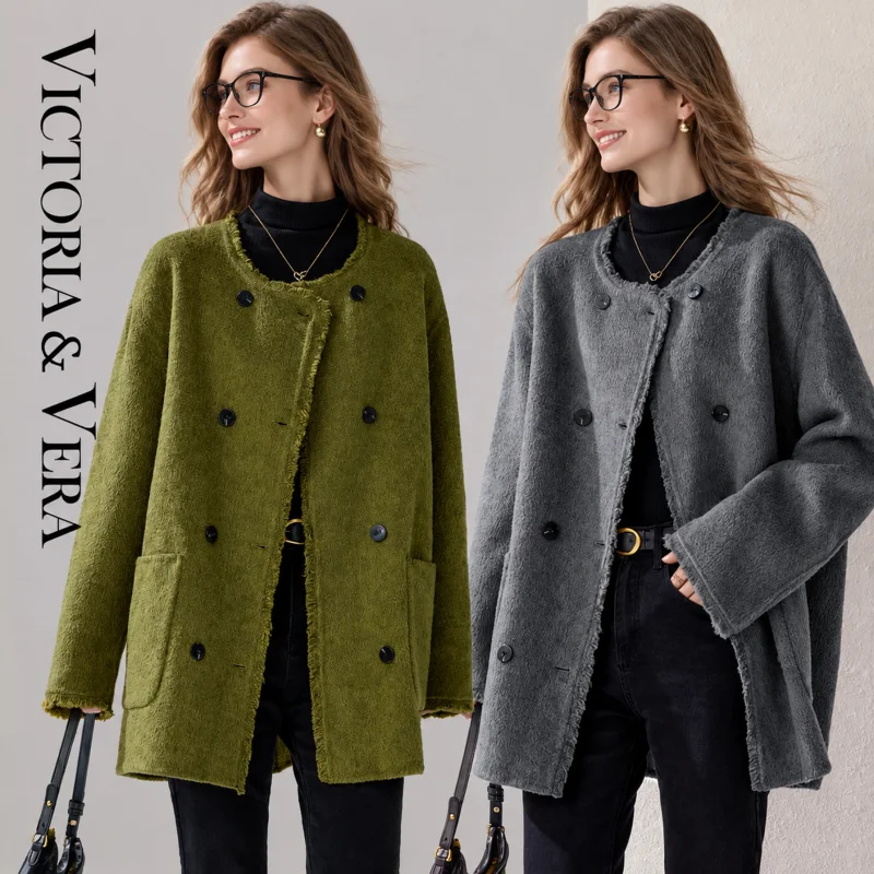 Women's V-Neck Double Breasted Mid Coat, Raw Edge Fringe Oversized Loose Fit Winter Jacket