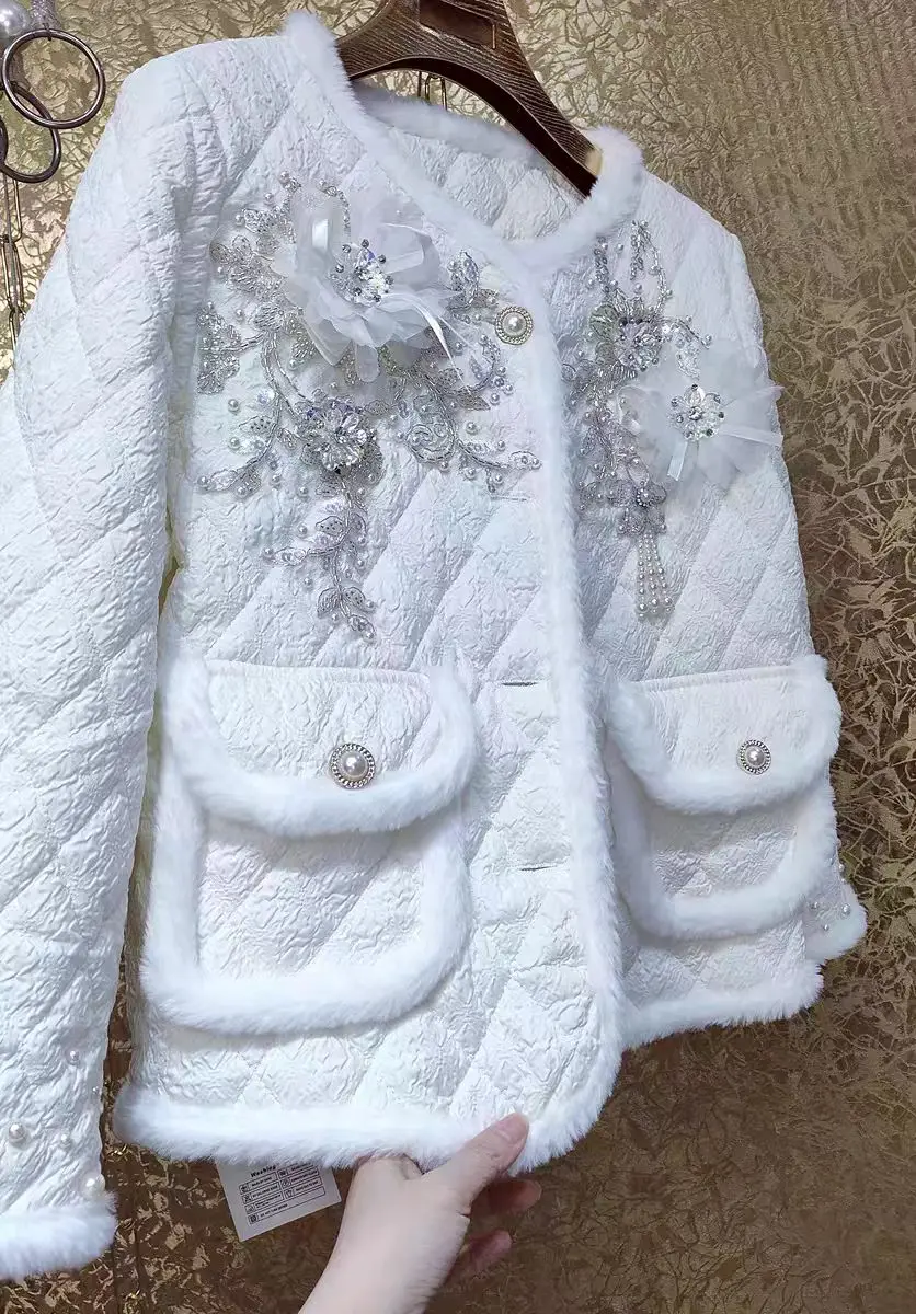 New In Sequins Embroidery Pearls Beaded Women's Padded Jacket Autumn Winter Off White Outerwears Parkas Coat Woman Clothes