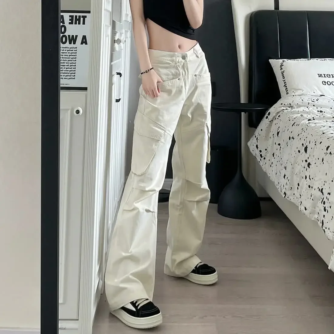 White High Waist Baggy Cargo Pants Vintage Y2k Casual Trendy Workwear American Loose Fit Couple Versatile Paratroopers Pants