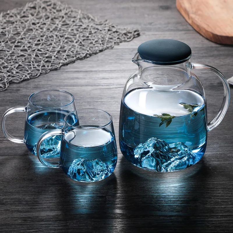 1800ml Glass Cold Water bottle With Handle Fruit Tea Cup Kettle Mountain Design High temperature heatable Jug Gradient Color