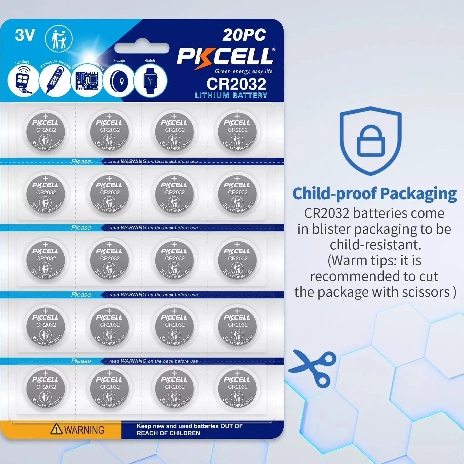 PKCELL 20PCS CR2032 3V Button Batteries BR2032 DL2032 ECR2032 Cell Coin Lithium Battery Watches Car Remote Key Coin Battery Cell