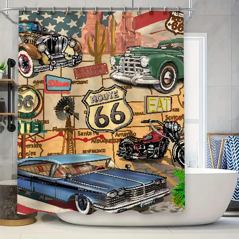 

Vintage Route 66-themed car shower curtain for bathroom decor pixel art style retro design featuring classic American automobile