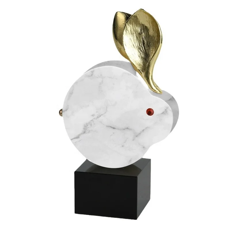 &c Cute Cartoon Lucky Animal Modern Light Luxury Metal Home Accessories Natural Marble Rabbit Ornament for Desktop Decor