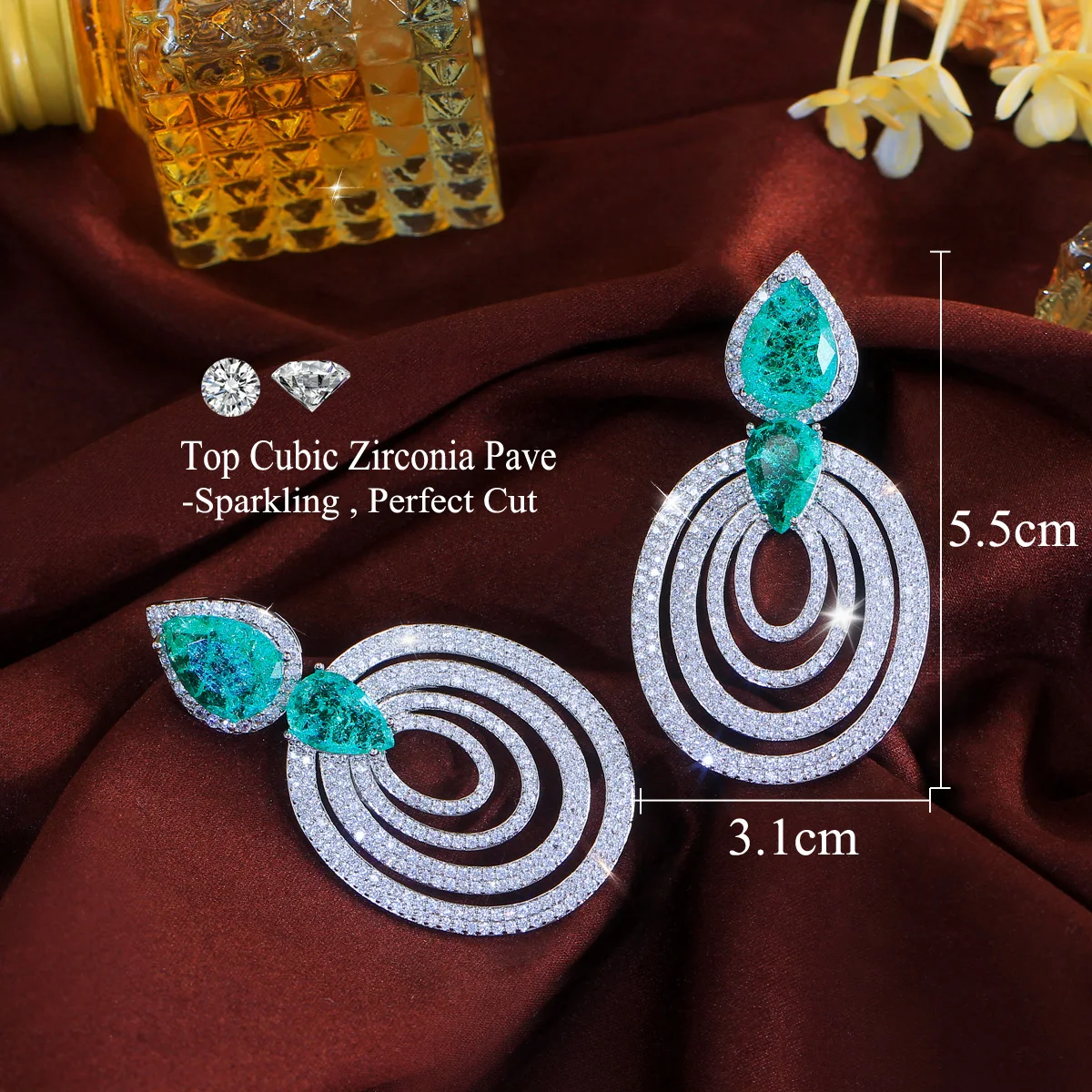 CWWZircons Luxuriöse hellgrüne, mehrschichtige ovale Tropfenohrringe mit zerbrochenem Eis-Zirkonia-Besatz für Damen, Hochzeitsdeko, Schmuck, Großhandel E1198 – Detail 1