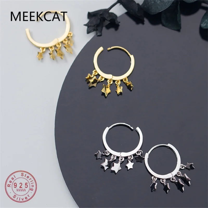 Real 925 Sterling Silver Multiple Star Tassel Hoop Earrings Huggies Aretes for Women Trendy Fine Jewelry Elegant Accessories