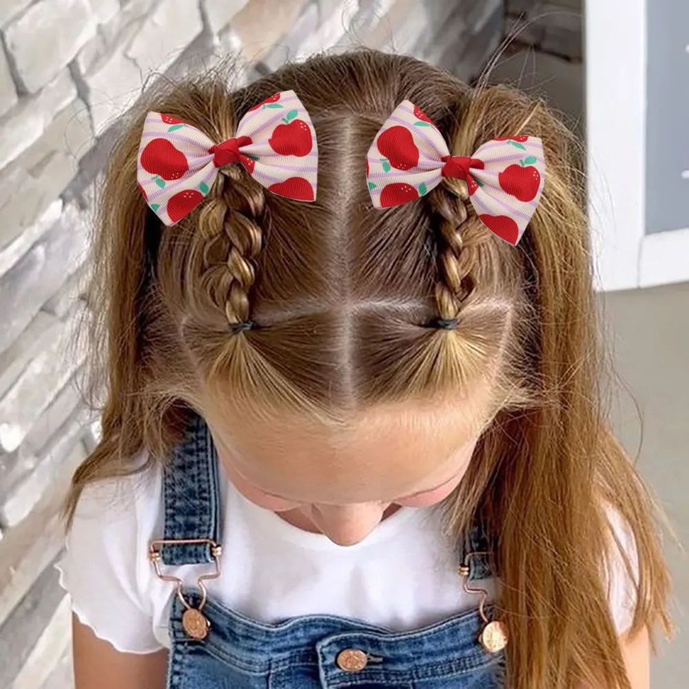 40pc Girls Grosgrain Ribbon Bow Hair Clips Apple Pencil Crayon Print Barrettes Hairpins Back to School Hair Accessories for Kid