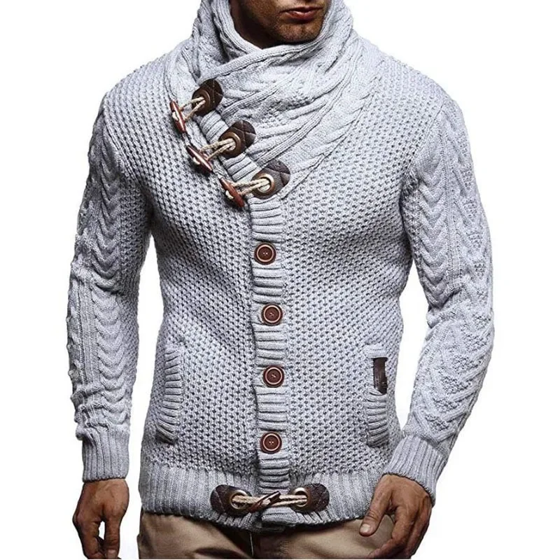 Men's Slim Fit High Neck Single Breasted Cardigan with Long Sleeves and Knitted Sweater for Autumn and Winter