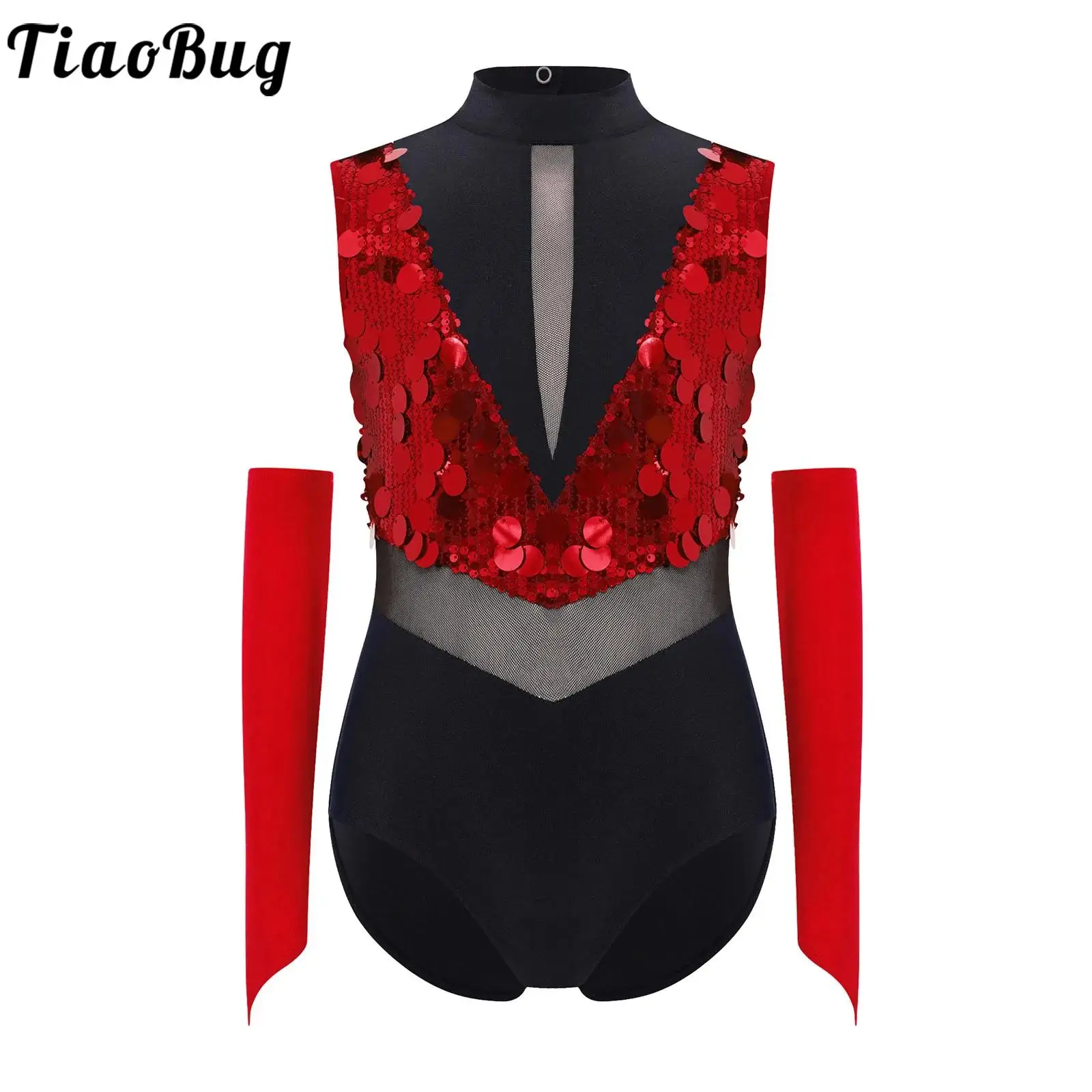 

Kids Girls Jazz Dance Gymnastics Bodysuit Figure Skating Dancewear Childrens Leotards Sheer Mesh Jumpsuits Costume with Gloves