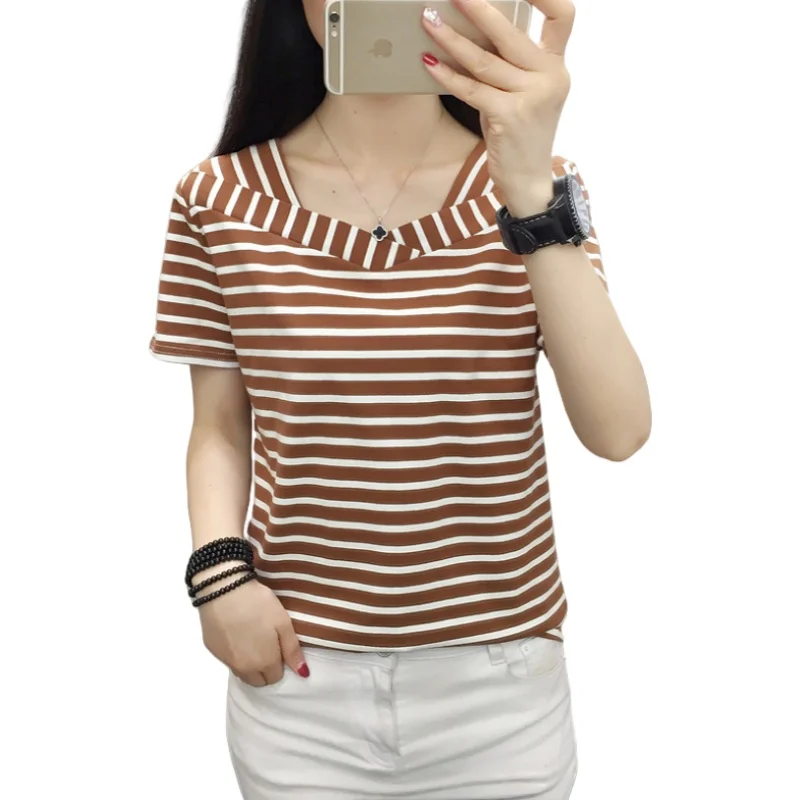 Summer Women's Cotton Short Sleeve T-shirt Plus Size Loose Casual Bottoming Shirt Fashion Striped V-neck Half Sleeve T-shirt