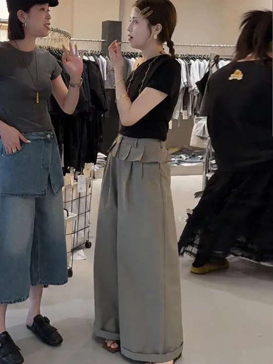 

Unique Beautiful Summer 2026 Korean Style T-Shirt Top And Pants Set Khaki Splice Casual Two-Piece Women's Fashion Ensemble