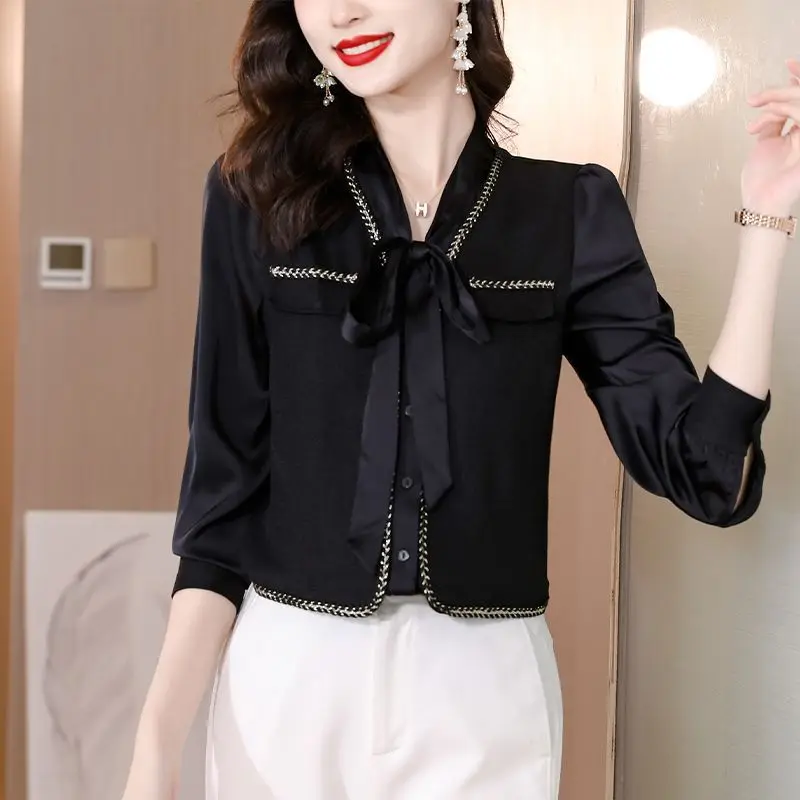 Commute V-Neck Fashion Bow Shirt Female Clothing Single-breasted Spring Autumn Patchwork Long Sleeve Korean Solid Color Blouse