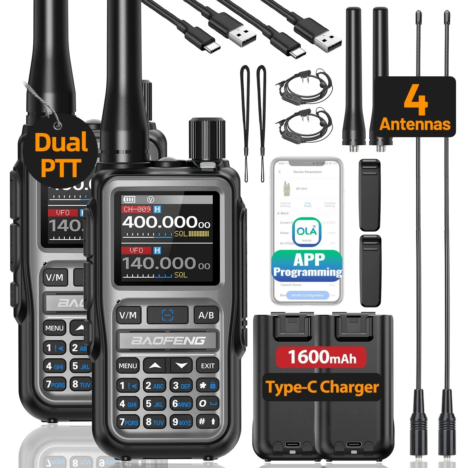 Baofeng Radio UV-5R Mini Ham Radio Handheld Long Range Two Way Radio Walkie Talkies Dual PTT APP 999CH with USB-C Charging