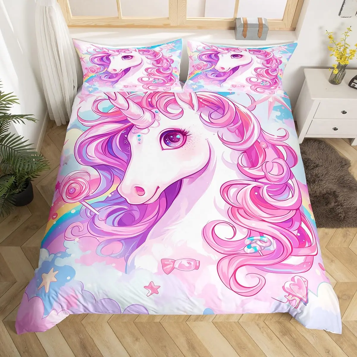 Unicorn Bedding Set King Queen Size Kids Cute Animal Comforter Cover Set for Boys Teens Sweetheart Glitter Unicorn Duvet Cover